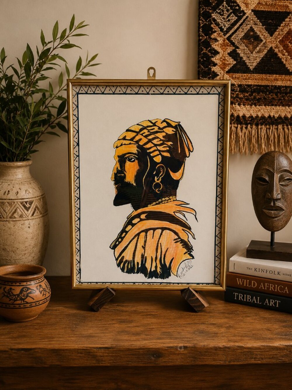 Vintage Indian Warrior Portrait Art Hand Drawn Ink & Crayon Sketch Tribal Piece